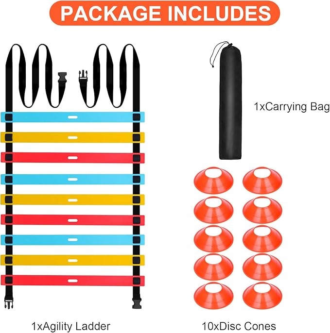 Agility Ladder Speed Training Equipment, 9 Rung 13FT Sports Agility Ladders Set Workout Ladder with 10 Disc Cones for Soccer, Speed, Football Fitness Feet Training