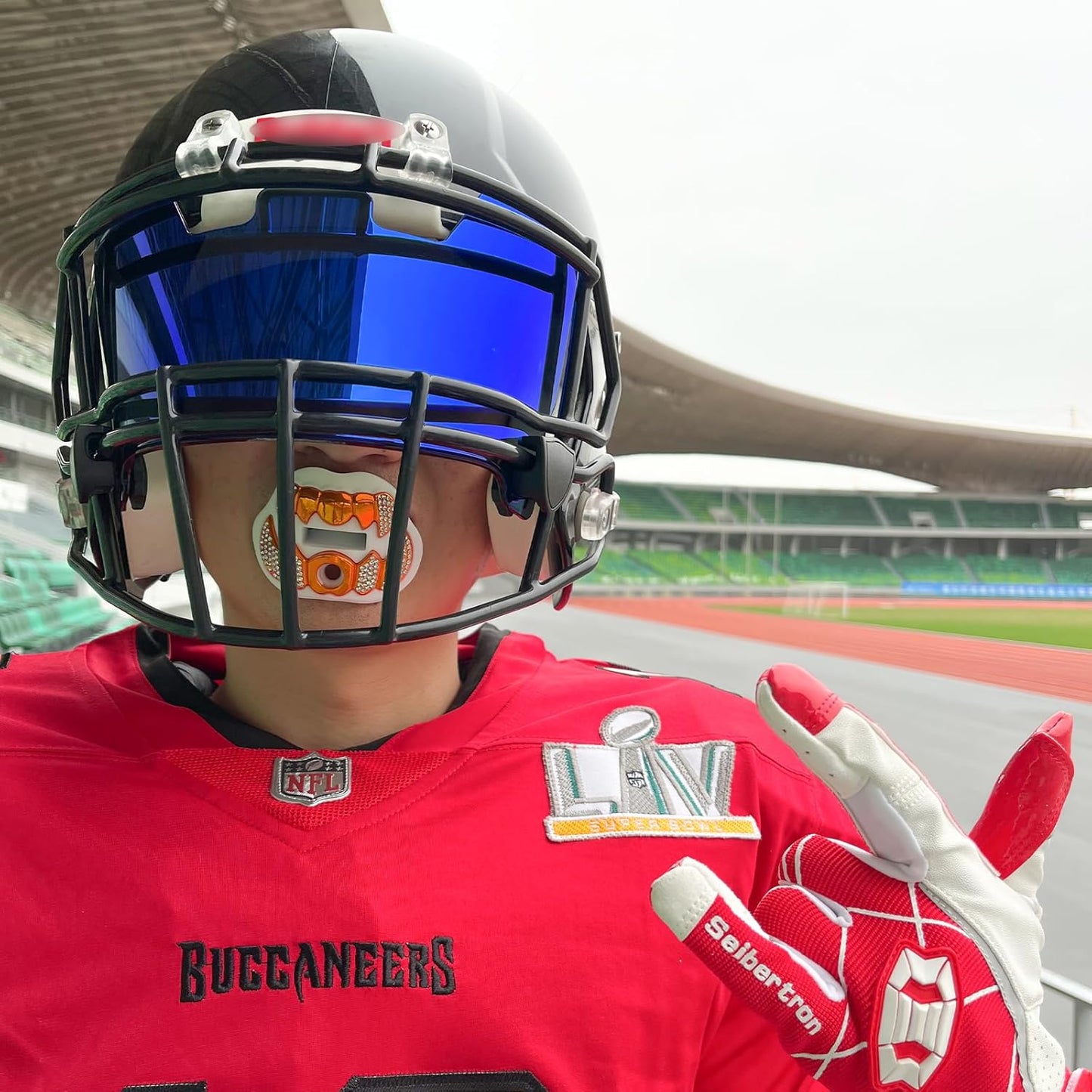 LeCool Football Mouth Guard with Connected Strap- 3D Beast Chrome Adult and Youth Mouth Guard-Mouth Piece for Sports for Maximum Air Flow and Teeth Protection