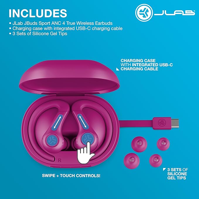 JLab JBuds Sport ANC 4 True Wireless Bluetooth Earbuds + Charging Case, Pink, Swipe + Touch Controls, Hybrid Active Noise Cancelation, Multipoint Connect, Customized Settings App