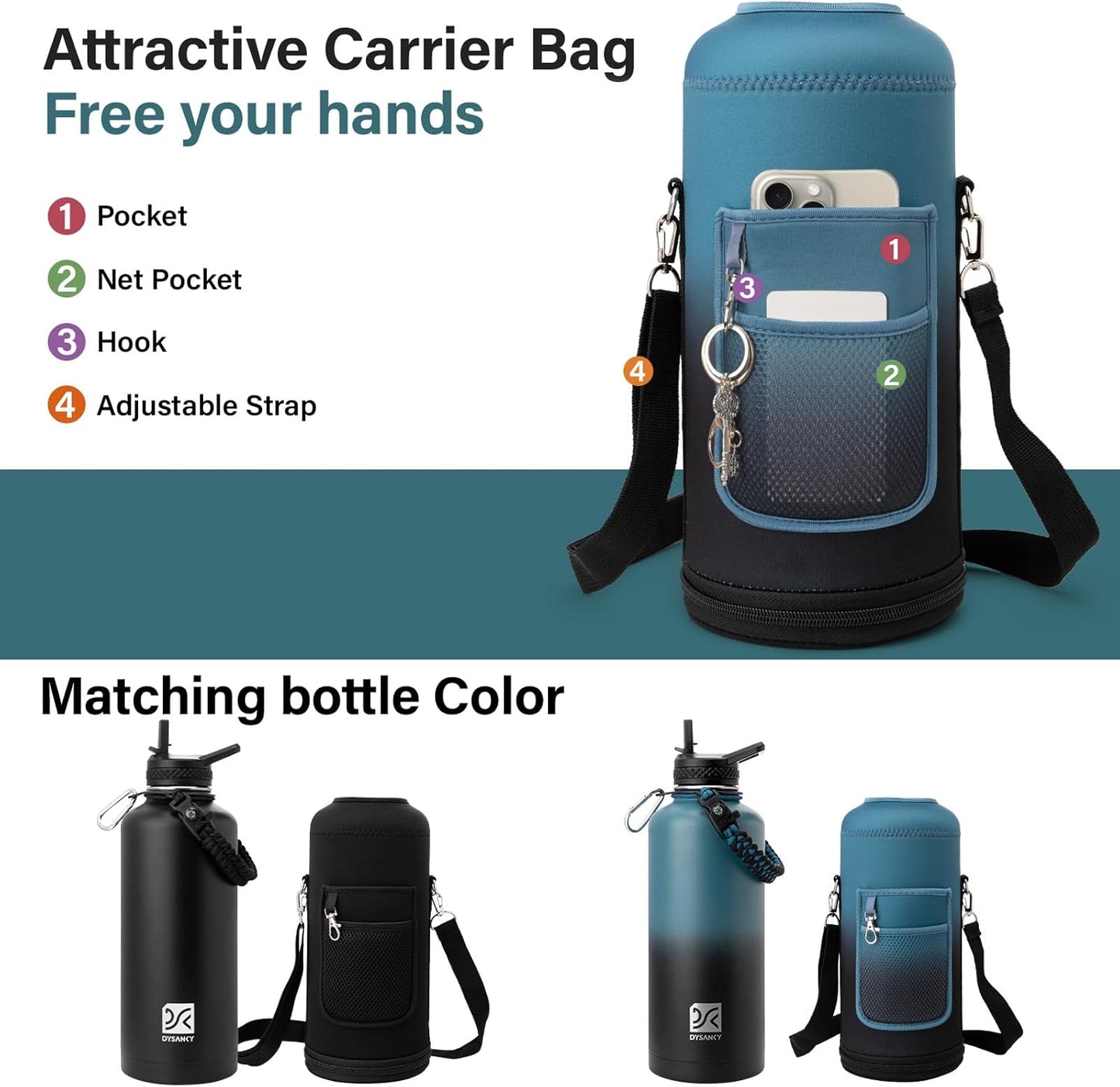 Insulated Water Bottle | Thickened Stainless Steel for Gym and Hiking with Straw, Carrier Bag, Handle Strap | BPA-Free 87 oz