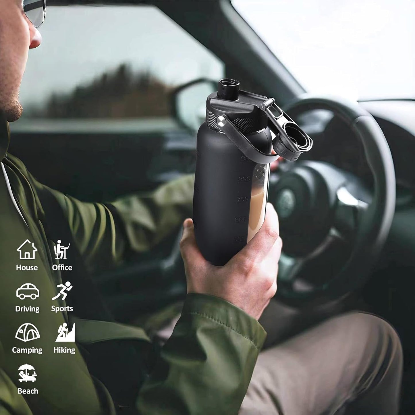 Kodrine Water Bottle with Straw, 24 oz Glass water Bottle with 2 Lids Bamboo Straw Lid and Spout Lid with Handle, 32 oz Clear Water Bottle Glass for Sports Travel, Waterbottle with Time Marker