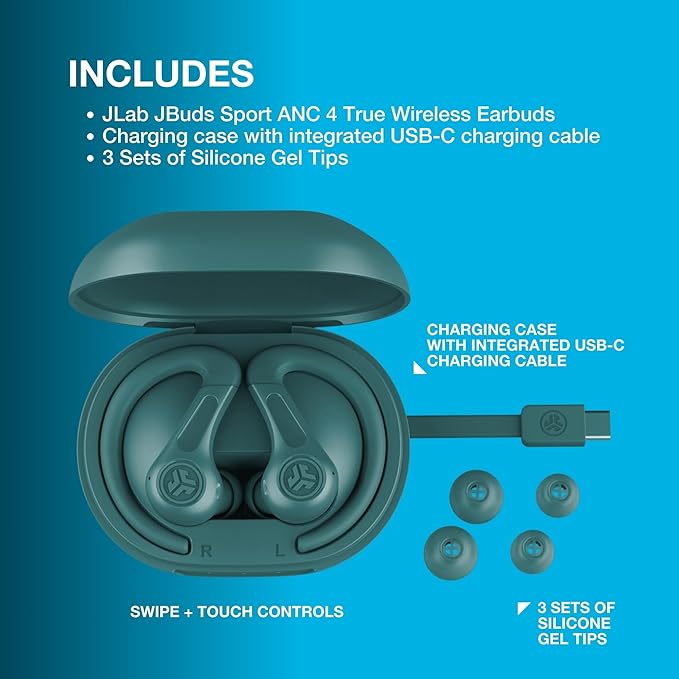 JLab JBuds Sport ANC 4 True Wireless Bluetooth Earbuds + Charging Case, Teal, Swipe + Touch Controls, Hybrid Active Noise Cancelation, Multipoint Connect, Customized Settings App