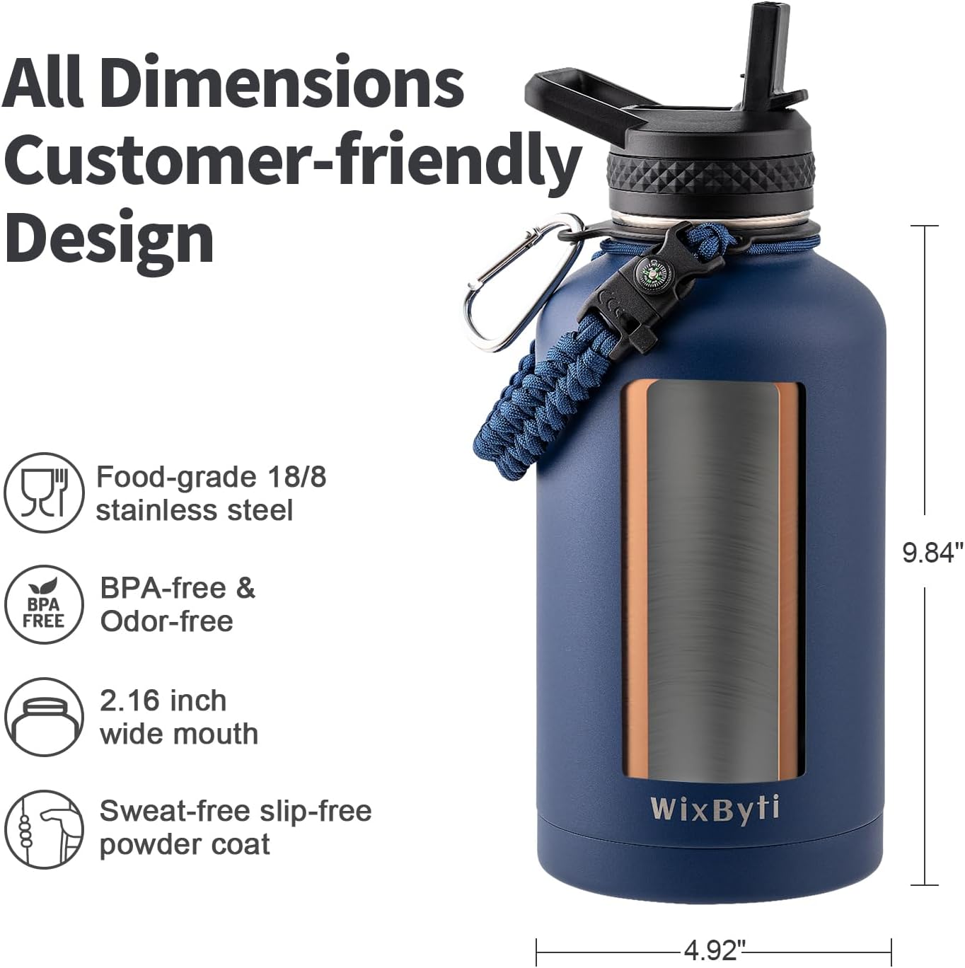64 oz Insulated Water Bottle with Straw (Cold for 48 Hrs), Half Gallon Stainless Steel Triple Wall Vacuum Sports Water Jug, Leakproof Hydro Cup Flask with Straw Spout Lids & DIY Stickers