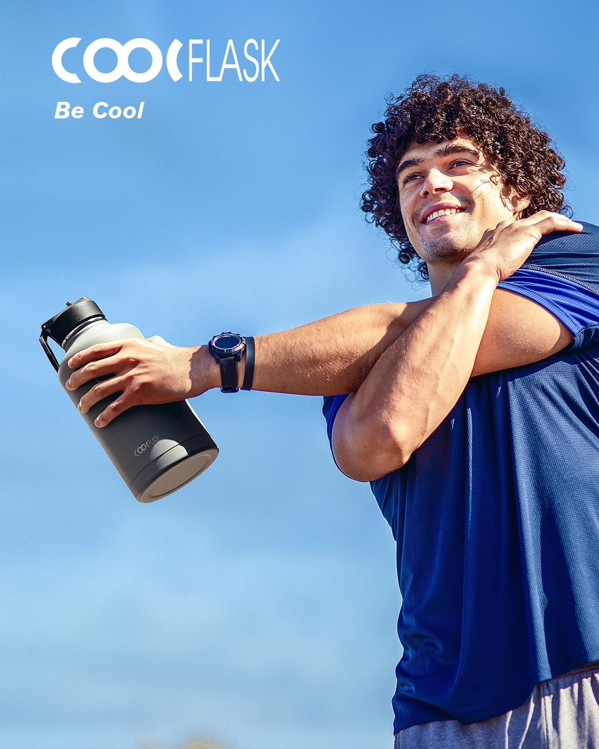 64 oz Insulated Water Bottle with Straw & 3 Lids, Coolflask Half Gallon Water Jug Large Metal Stainless Steel Wide Mouth for Sports, Gym or Office, Non-BPA Keep Cold 48H Hot 24H, Knight Grey