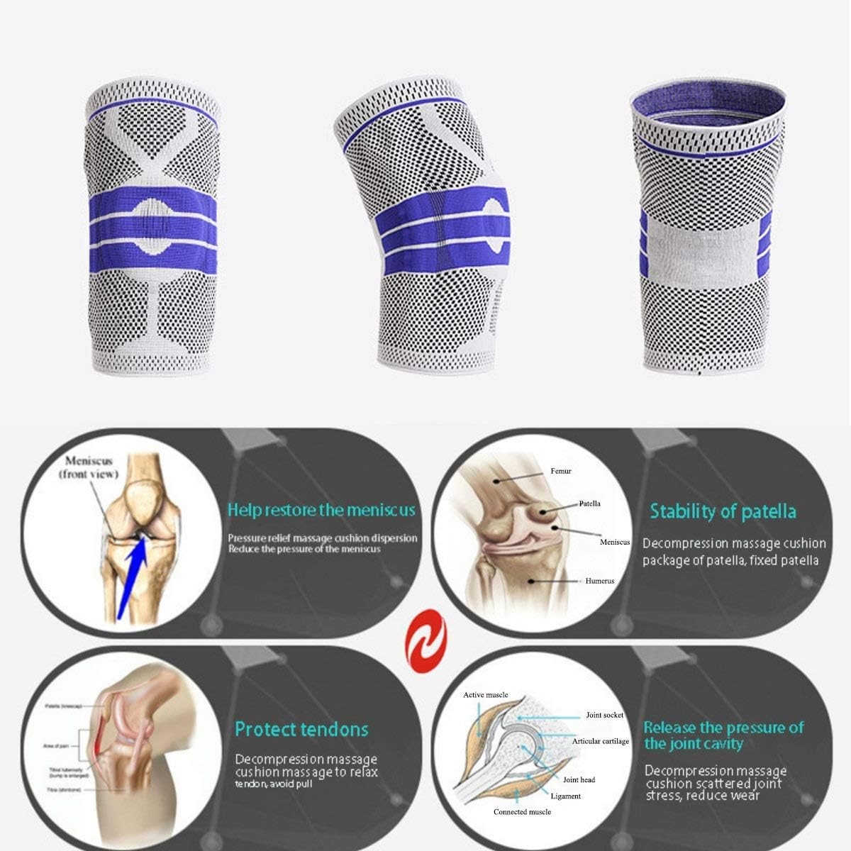 Knee Brace Compression Sleeve for Knee Pain Wraps Patella Stabilizer with Silicone Gel Spring Support, Hinged Kneepads Protector for Meniscus Tear Arthritis Men Women
