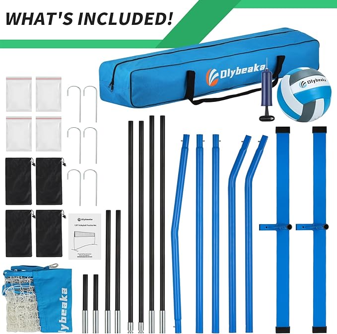 12ft/14ft Portable Volleyball Training Practice Net Set 5 Heights Adjustable for Indoor Outdoor with Tetoron Net, Freestanding Base, PU Volleyball, Carry Bag, Sandbags - Instant Set Up