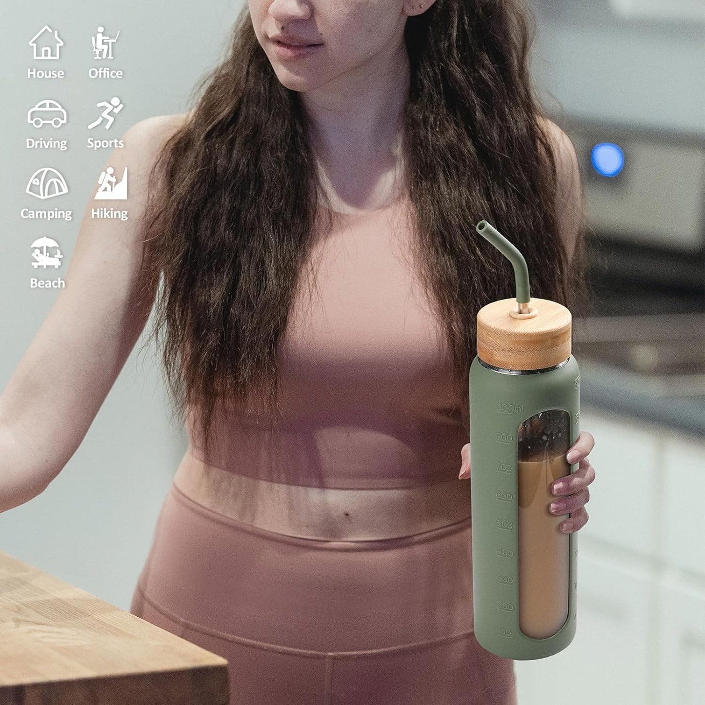 Kodrine Water Bottle with Straw, 24 oz Glass water Bottle with 2 Lids Bamboo Straw Lid and Spout Lid with Handle, 32 oz Clear Water Bottle Glass for Sports Travel, Waterbottle with Time Marker