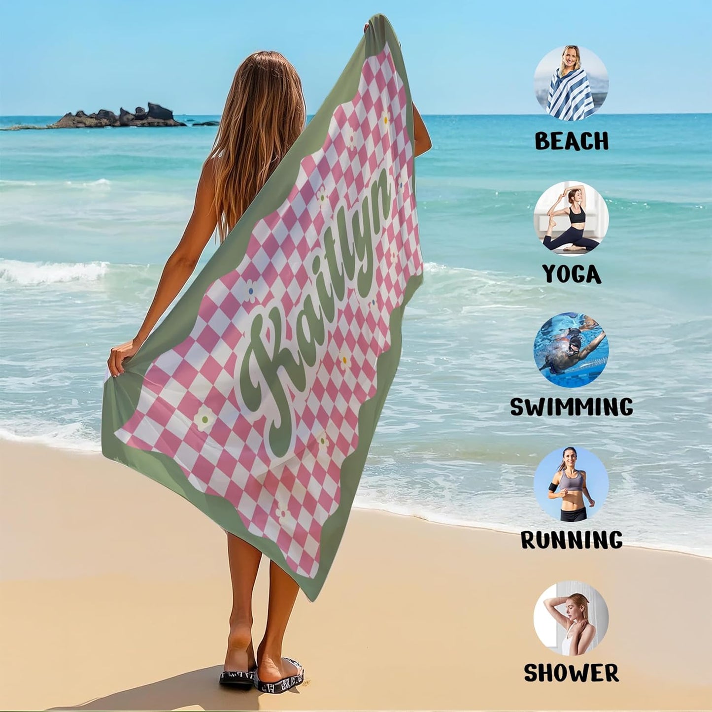 JML Personalized Beach Towel with Name, Custom Flower Beach Towel, Customized Microfiber Pool Towel, Quick Dry & Absorbent Swim Towel for Adult,Anniversary, Birthday, Summer Holiday,Vacation