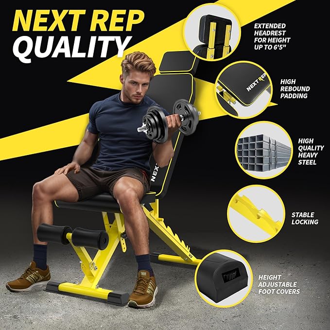 Adjustable Weight Bench,1000 LB Fast Folding Workout Bench for Home Gym Strength Training, Incline Decline Flat Utility Bench Press for Full Body Workout, Upright Storage Yellow Exercise Bench