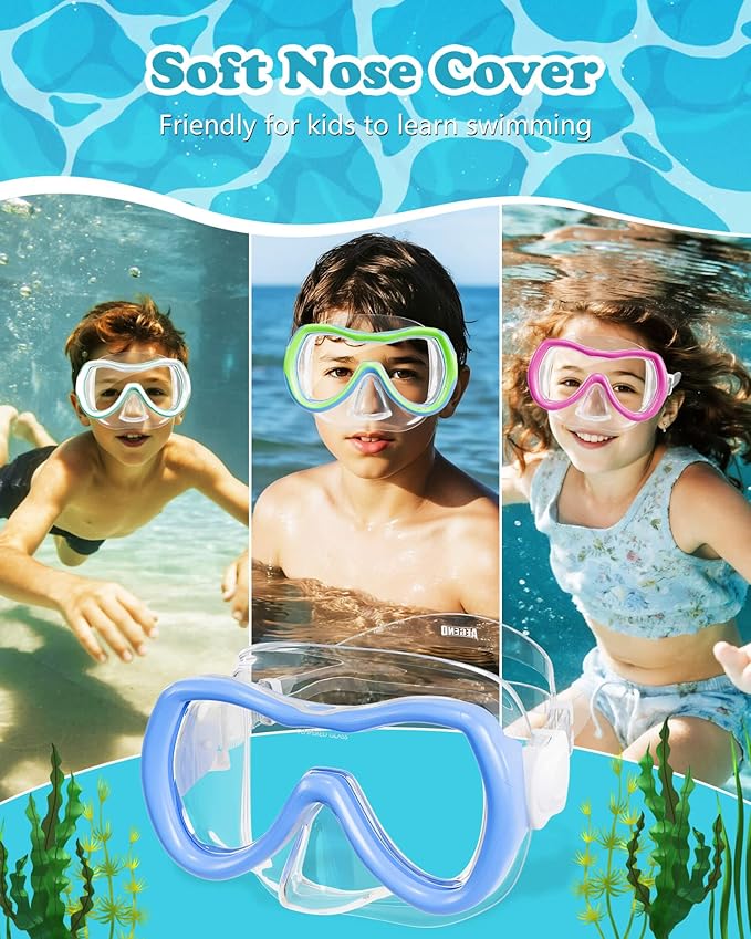 Aegend Kids Swim Mask Goggles, Tempered Glass 180° HD Wide View with Nose Cover