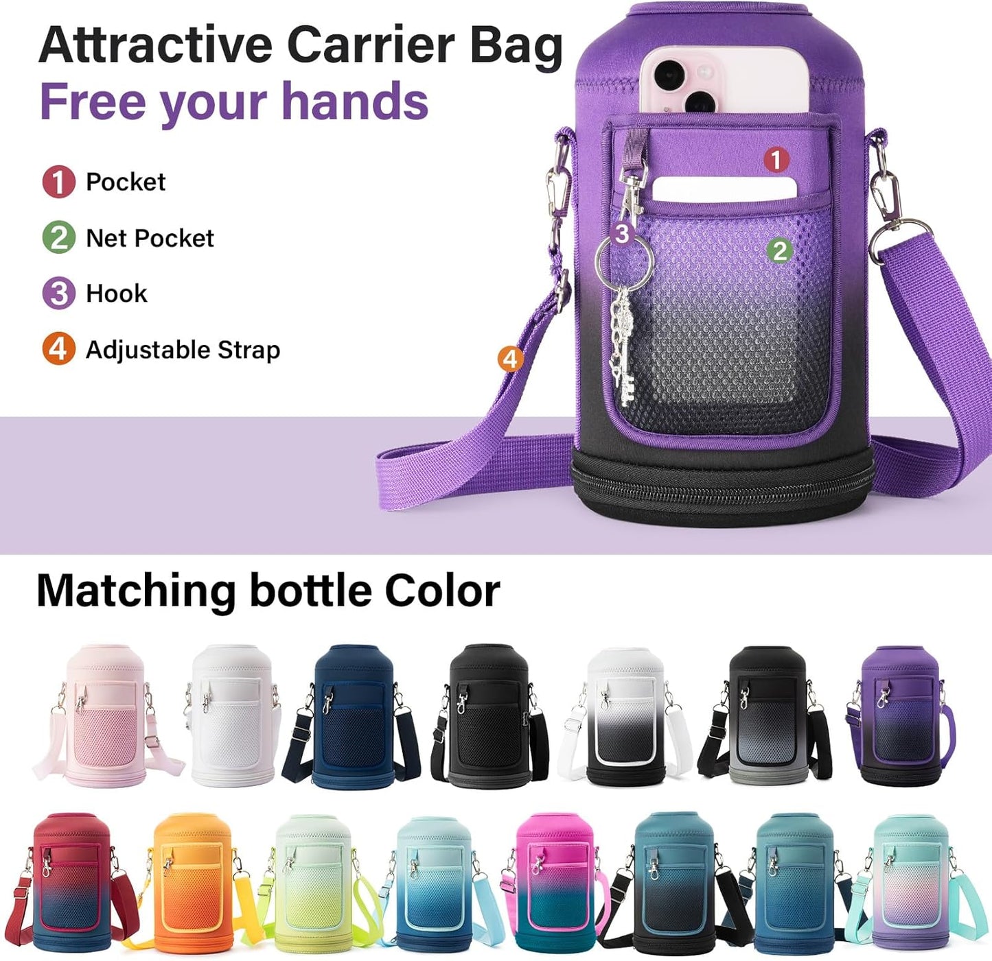 Insulated Water Bottle | Thickened Stainless Steel Vacuum Metal | Portable Sports Half Gallon Large Water Jug for Gym and Hiking with Straw, Carrier Bag, Handle Strap | BPA-Free 64 oz