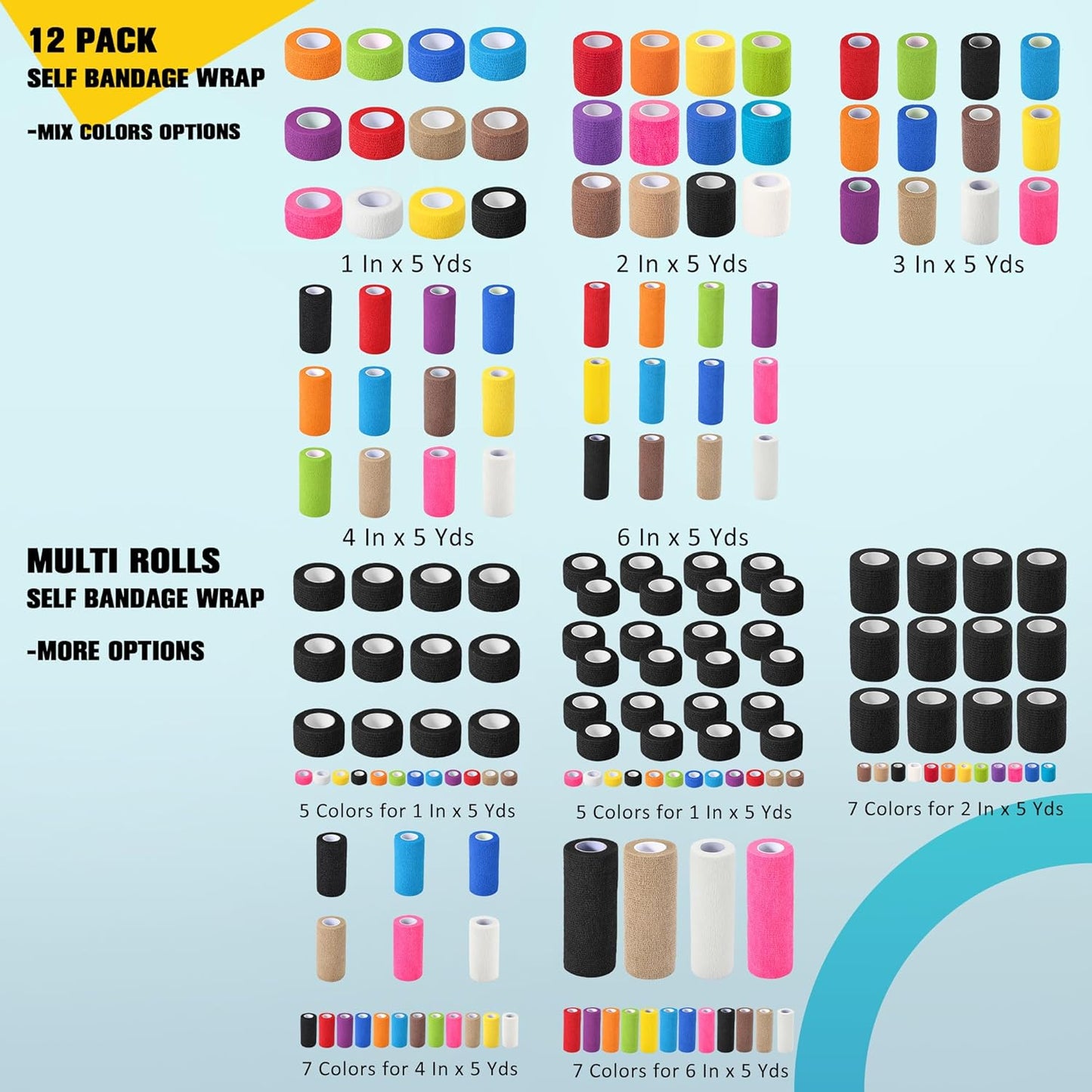 12 Pack Self Adhesive Bandage Wrap, 1 in x 5 Yards Non-Woven Self Adherent Cohesive Bandage, Vet Wrap Wound Tape for Thumb Finger Wrist Knee Ankle, White