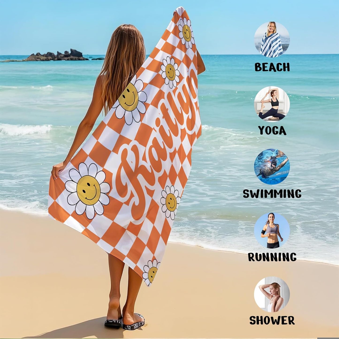 JML Personalized Beach Towel with Name, Custom Flower Beach Towel, Customized Microfiber Pool Towel, Quick Dry & Absorbent Swim Towel for Adult,Anniversary, Birthday, Summer Holiday,Vacation