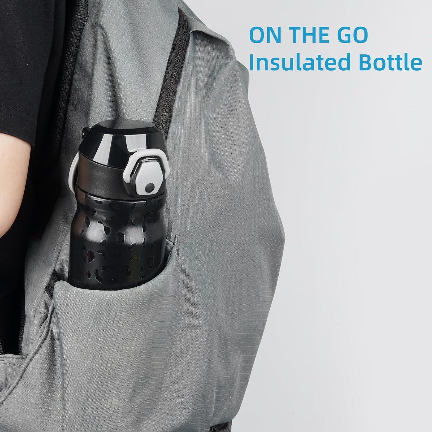 Insulated Water Bottle with Straw and Carry Loop,18 oz Stainless Steel Double Wall Vaccum Metal Water Flask with Leak-proof Lid,Black Leopard