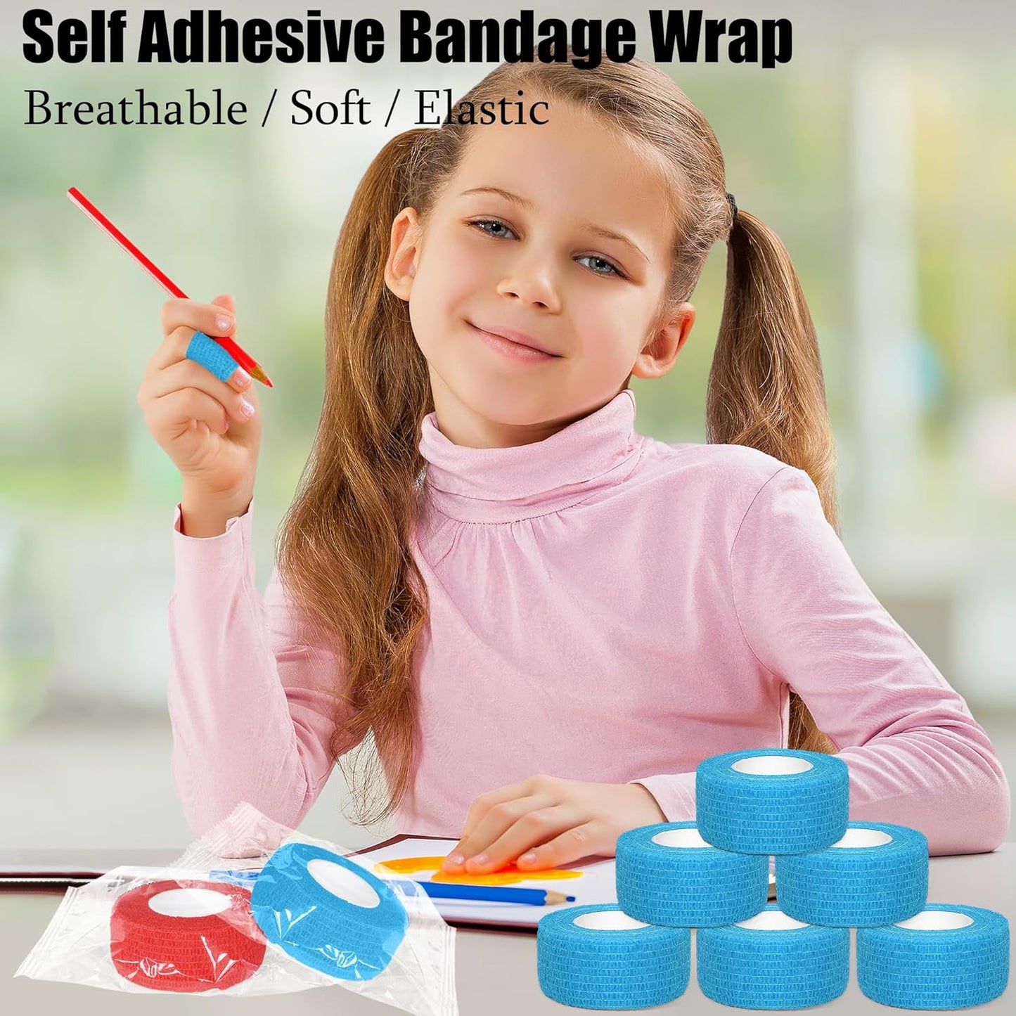 6 Pack 1 Inches Self Adhesive Bandage Wrap Breathable Cohesive Bandage Elastic Tape for Pets, Athletic, Sports, Wrist, Knee, Ankle(5 Yards Per Roll, Light Blue)