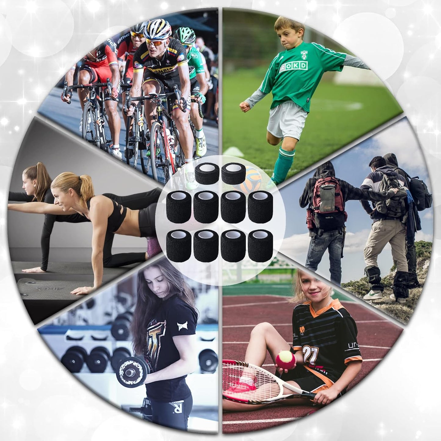 10 Pack Self Adherent Bandage Wrap Elastic Cohesive Bandage Self Adhesive Tape Vet Wrap Tape 2 Size (8Pack 2'' and 2Pack 1''), Black