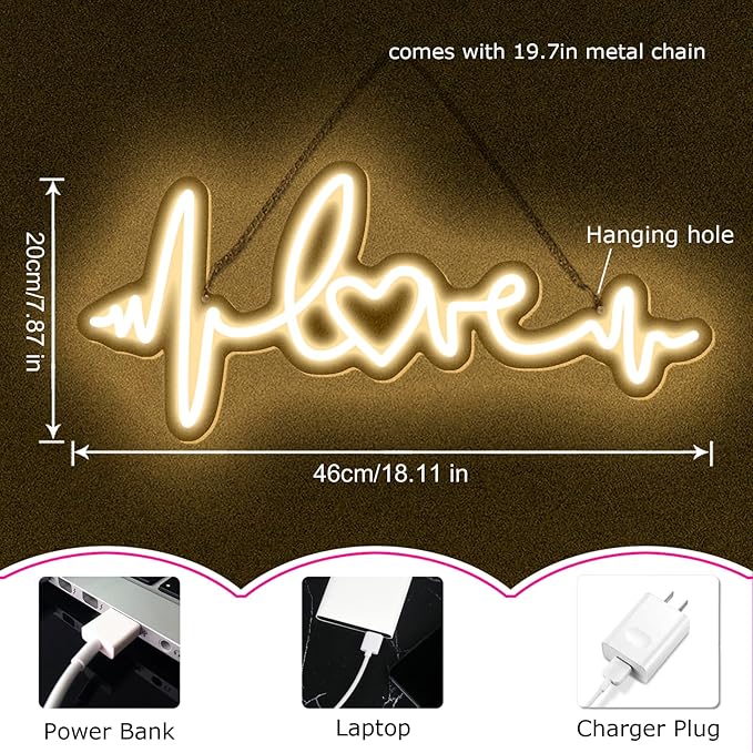 Love Neon Signs LED Heartbeat Shape Night Lights Sign for Wall Decor USB Power Swith Light up Sign for Man Cave Home Room Christmas Club Valentines' Day 5v (18.11"X7.87")