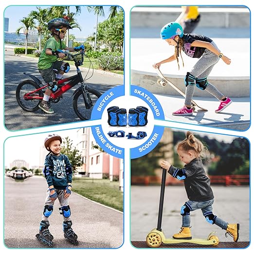 2PM SPORTS Knee Pads for Kids, Wrist Guards Knee and Elbow Pads Set with Drawstring Bag, Protective Gear Set for Girls Boys Roller Skating Cycling Skateboard - Blue Medium