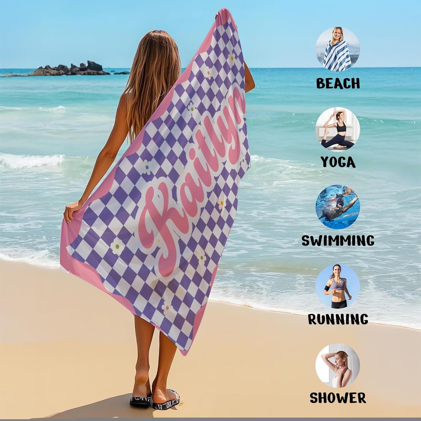 JML Personalized Beach Towel with Name, Custom Flower Beach Towel, Customized Microfiber Pool Towel, Quick Dry & Absorbent Swim Towel for Adult,Anniversary, Birthday, Summer Holiday,Vacation