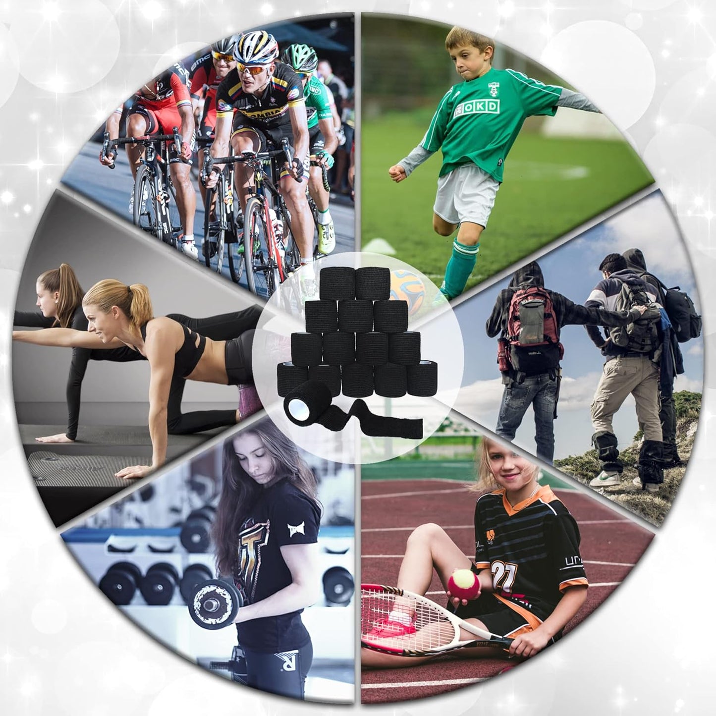 15 Pack Cohesive Wrap 2 Inch x 5 Yards Self Adherent Vet Tape for Pets, Elastic Self Adhesive Bandage Wrap for Sports, Finger, Wrist, Ankle (Black)