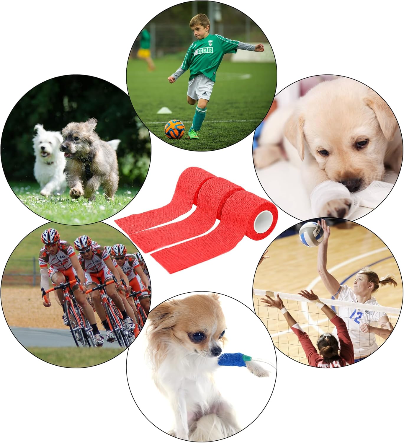 6 Pack 2 Inches Self Adhesive Bandage Wrap Breathable Cohesive Bandage Elastic Tape for Pets, Athletic, Sports, Wrist, Knee, Ankle(5 Yards Per Roll, Red)