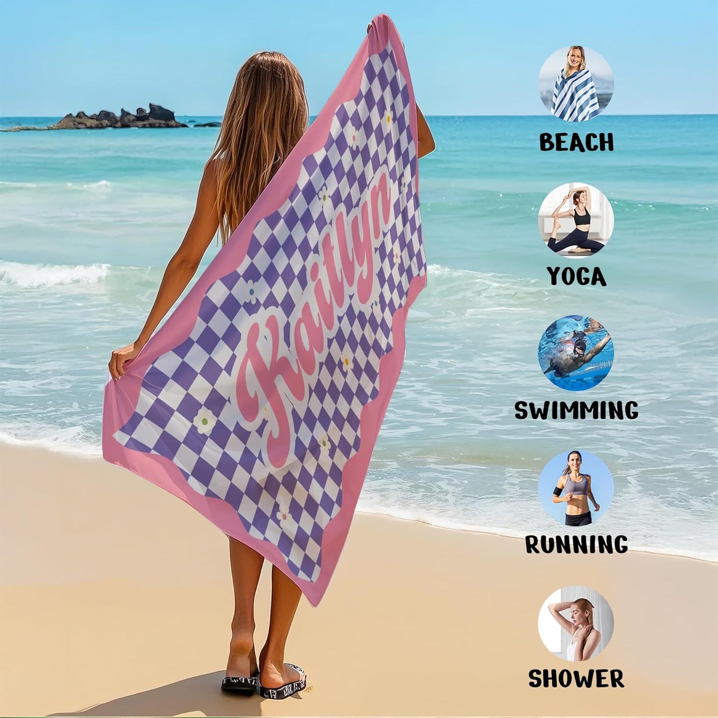 JML Personalized Beach Towel with Name, Custom Flower Beach Towel, Customized Microfiber Pool Towel, Quick Dry & Absorbent Swim Towel for Adult,Anniversary, Birthday, Summer Holiday,Vacation