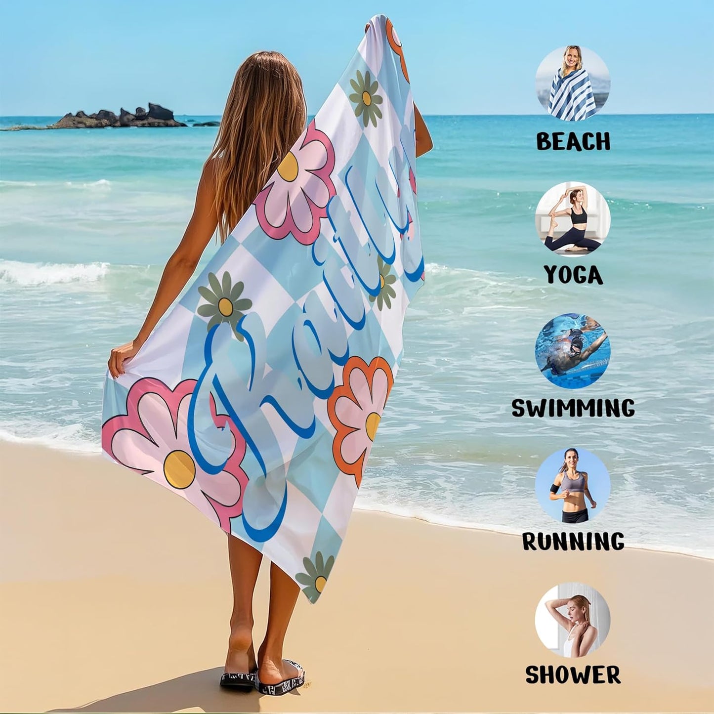JML Personalized Beach Towel with Name, Custom Flower Beach Towel, Customized Microfiber Pool Towel, Quick Dry & Absorbent Swim Towel for Adult,Anniversary, Birthday, Summer Holiday,Vacation