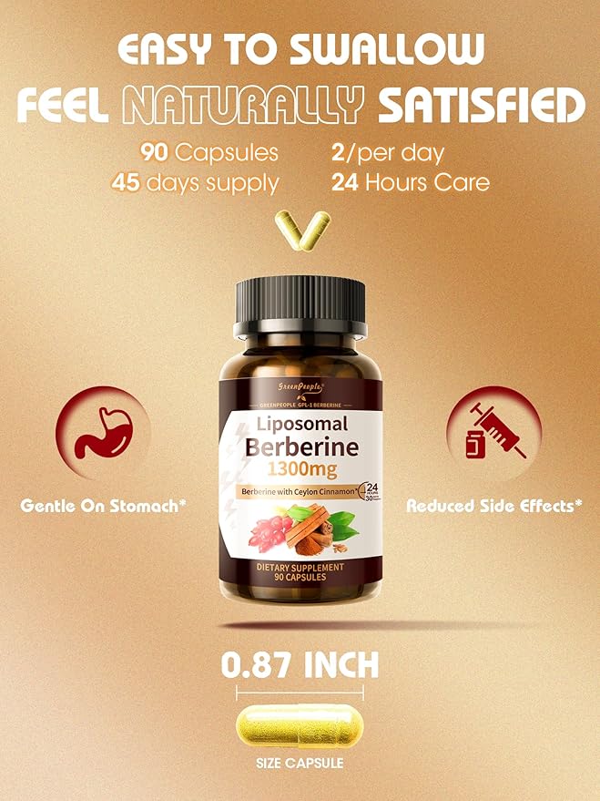 Liposomal Berberine HCL1300mg - Berberine Supplement with Ceylon Cinnamon Activates GLP-1 & AMPK - High Absorption Formula Healthy Weight Support – Non-GMO/Vegan – 45-Day