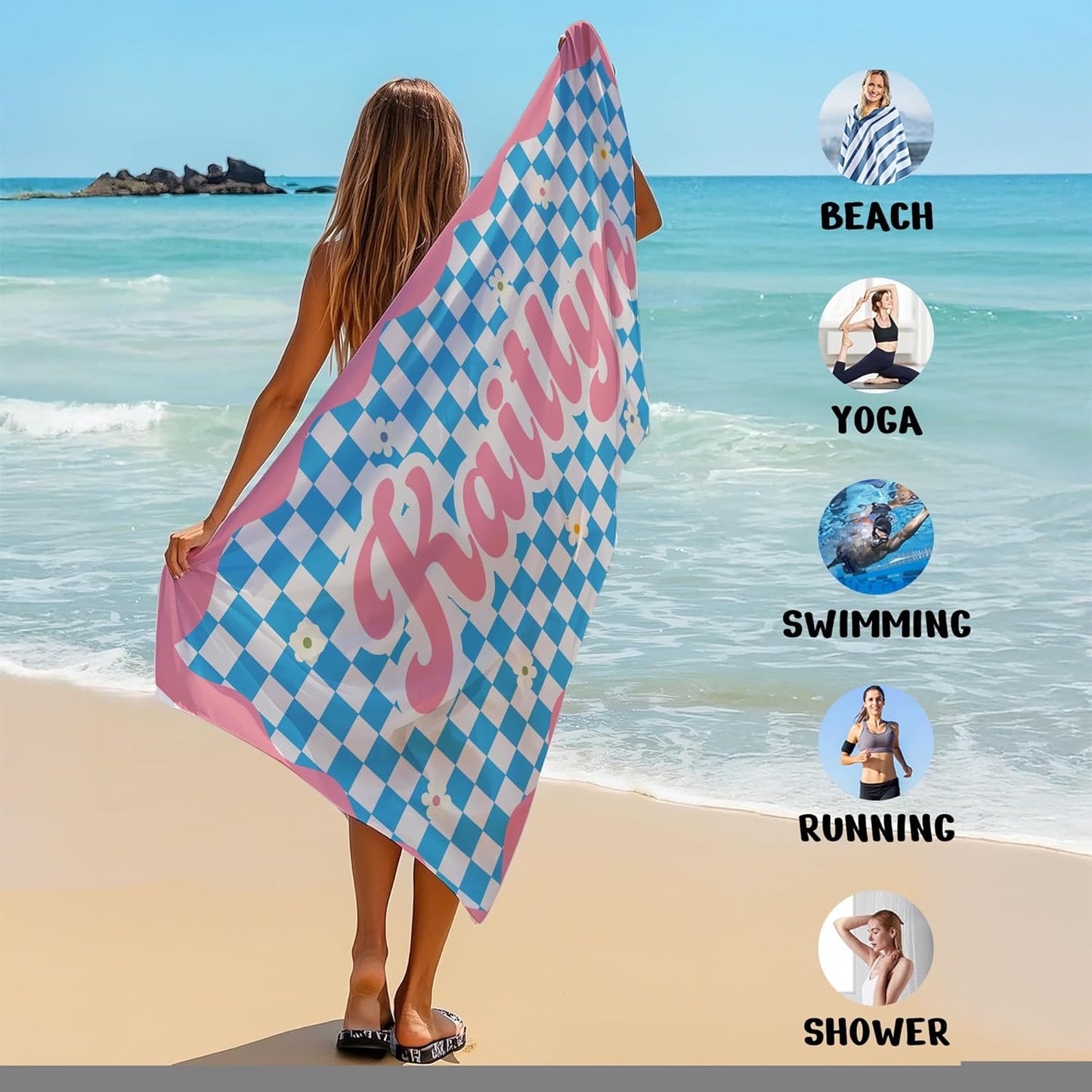 JML Personalized Beach Towel with Name, Custom Flower Beach Towel, Customized Microfiber Pool Towel, Quick Dry & Absorbent Swim Towel for Adult,Mother's Day, Birthday, Summer Holiday,Vacation