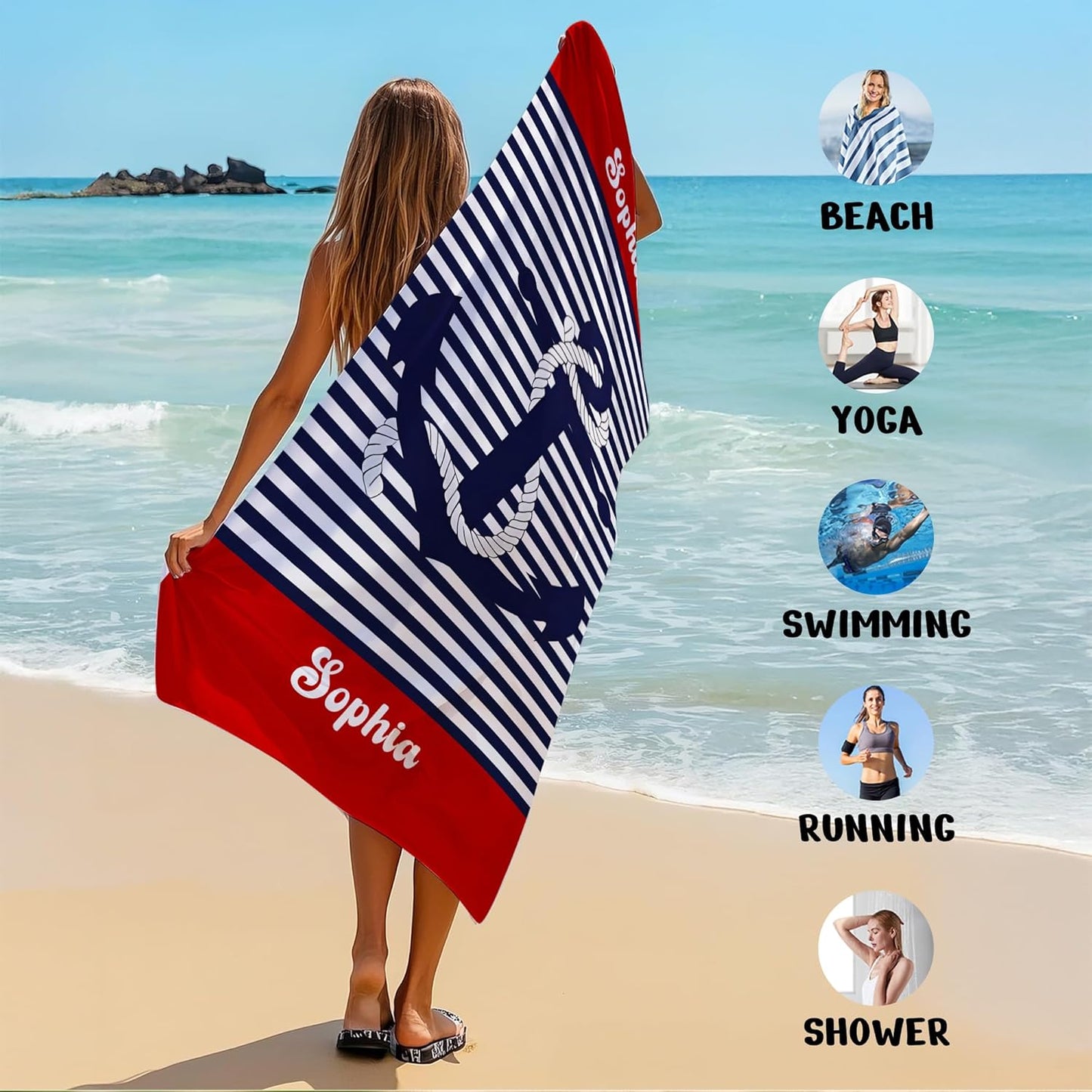 JML Personalized Beach Towel with Name, Custom Anchor Beach Towel, Customized Microfiber Pool Towel, Quick Dry & Absorbent Swim Towel for Adult,Anniversary, Birthday, Summer Holiday,Vacation