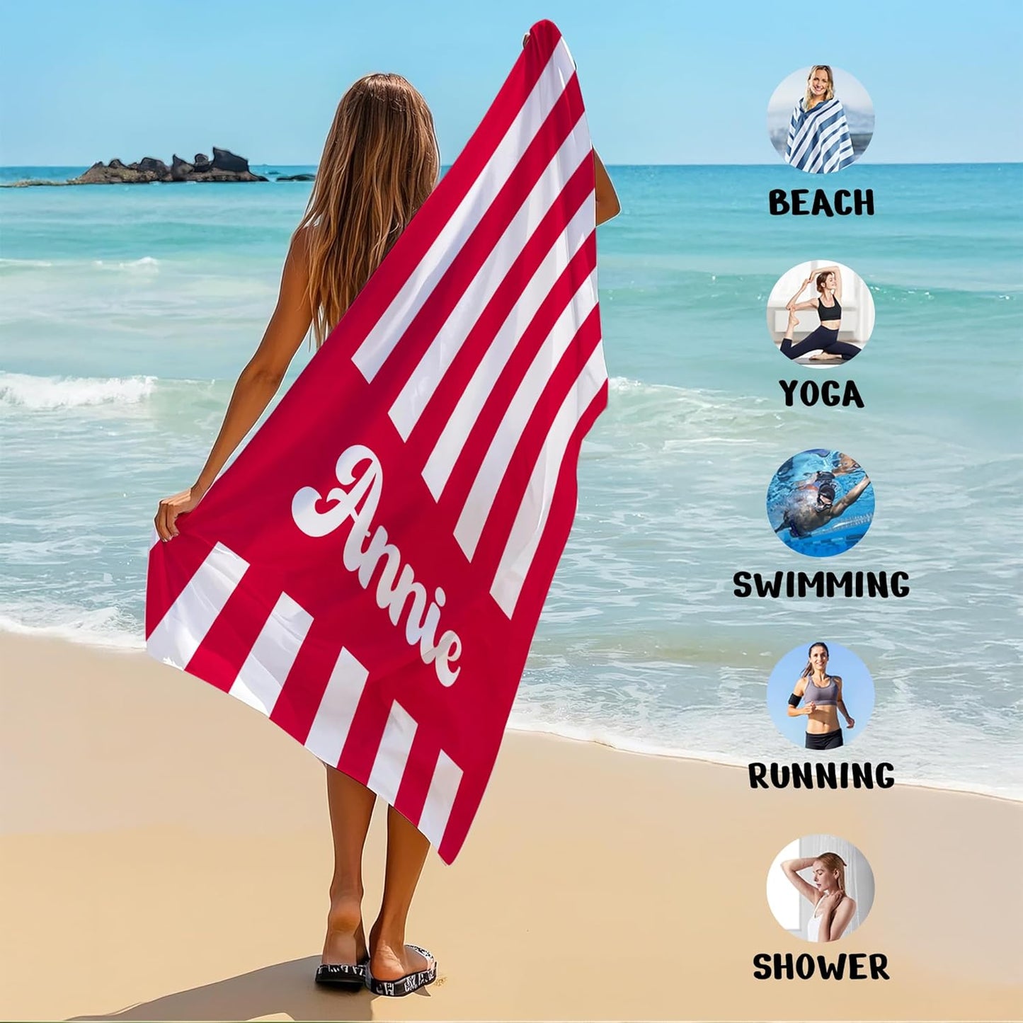JML Personalized Beach Towel with Name, Custom Cabana Stripe Beach Towel, Customized Microfiber Pool Towel, Quick Dry & Absorbent Swim Towel for Adult,Mother's Day, Birthday, Summer Holiday,Vacation