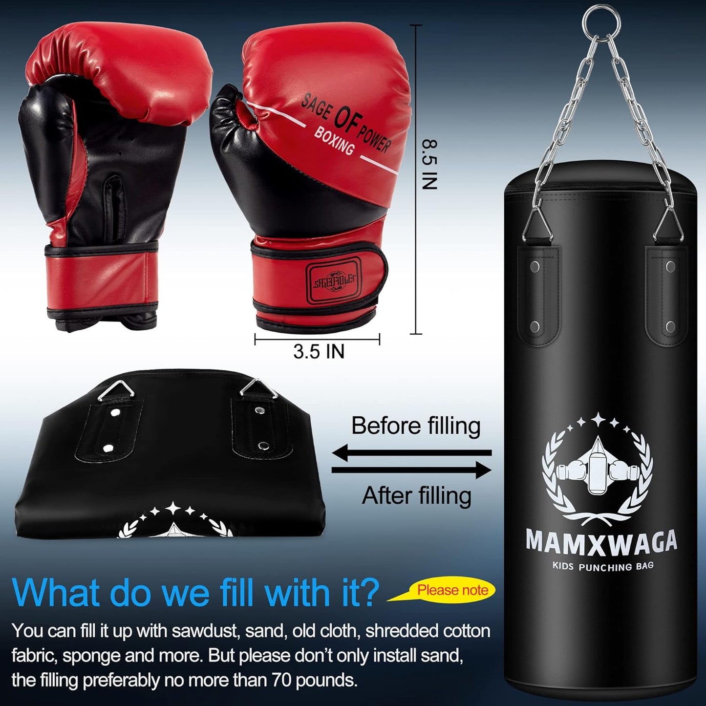 Kids Punching Bag Set Unfilled, Hanging Boxing Bag Kickboxing Bag with Boxing Gloves, Kids Boxing Set for 3-12 Years, for Youth Karate Muay Thai Kick Taekwondo Training