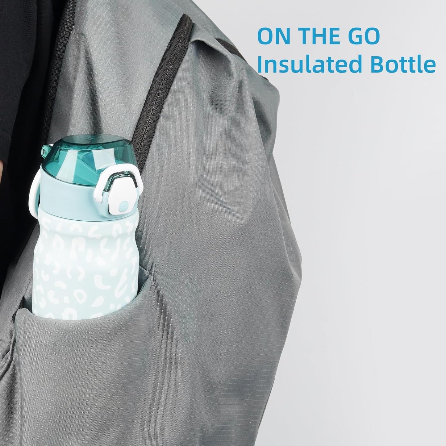 Insulated Water Bottle with Straw and Carry Loop,18 oz Stainless Steel Double Wall Vaccum Metal Water Flask with Leak-proof Lid,Light Blue Leopard