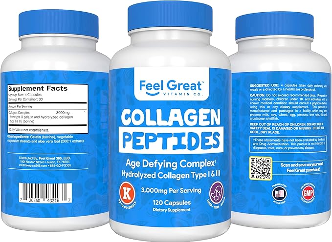 Hydrolyzed Collagen Peptides Powder Capsules (Type I &III) by Feel Great Vitamin Co. | Wheat Free, Keto & Paleo Friendly | Collagen Powder Supplement for Hair, Skin and Nails*