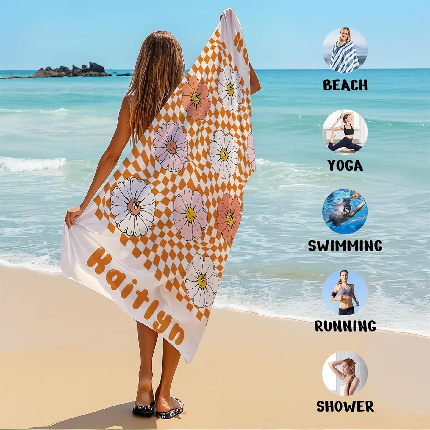 JML Personalized Beach Towel with Name, Custom Flower Beach Towel, Customized Microfiber Pool Towel, Quick Dry & Absorbent Swim Towel for Adult,Anniversary, Birthday, Summer Holiday,Vacation