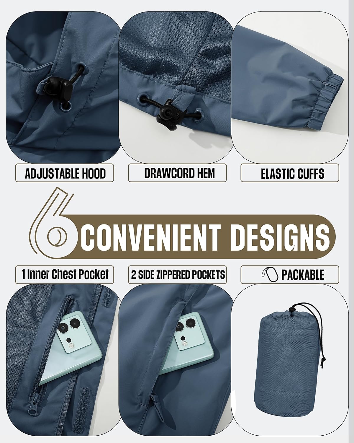 33,000ft Men's Packable Rain Jacket Waterproof Lightweight Raincoat Rain Shell with Hood for Outdoor Hiking Golf Travel