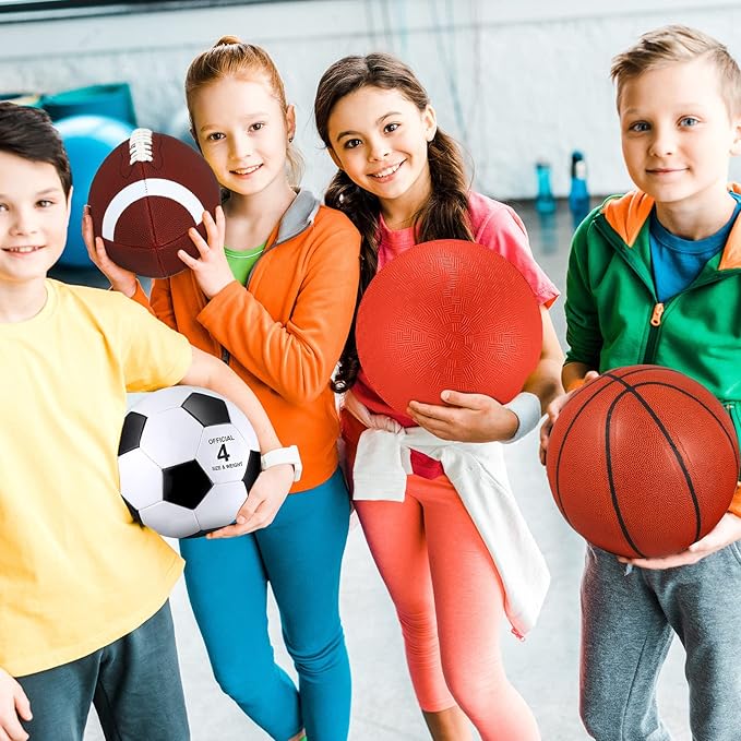 Liliful 8 Pcs Sport Balls Set with Pump Mesh Bag Gifts for Kid Teen Operation Christmas Basketball Soccer Football Playground Ball for Christian Charity Donation Student Team PE Class