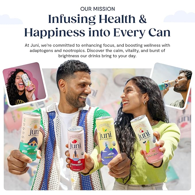 Juni Sparkling Adaptogen Drink with Ashwagandha, Lion’s Mane & Reishi Mushrooms | Green Tea for Focus, Zero Sugar, 5 Calories | Decaffeinated, Non Alcoholic Drinks - Strawberry Hibiscus 12 pack