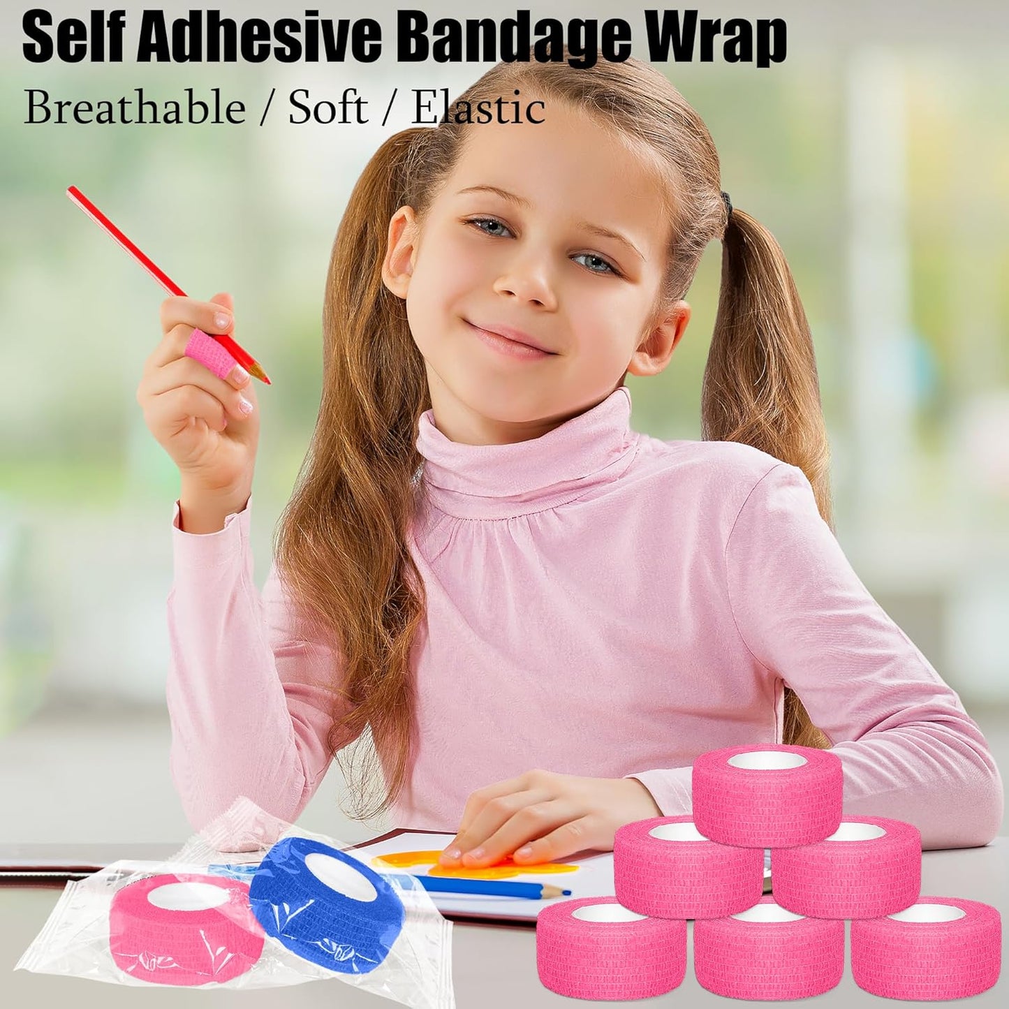 6 Pack 1 Inches Self Adhesive Bandage Wrap Breathable Cohesive Bandage Elastic Tape for Pets, Athletic, Sports, Wrist, Knee, Ankle(5 Yards Per Roll, Pink)