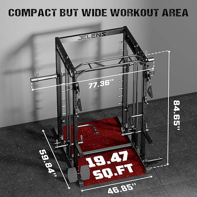 M21 Smith Machine, Multi-Function Power Cage with Dual Pulley Cable Crossover System, 2000LBS All-in-One Squat Rack with Smith Bar and Attachments