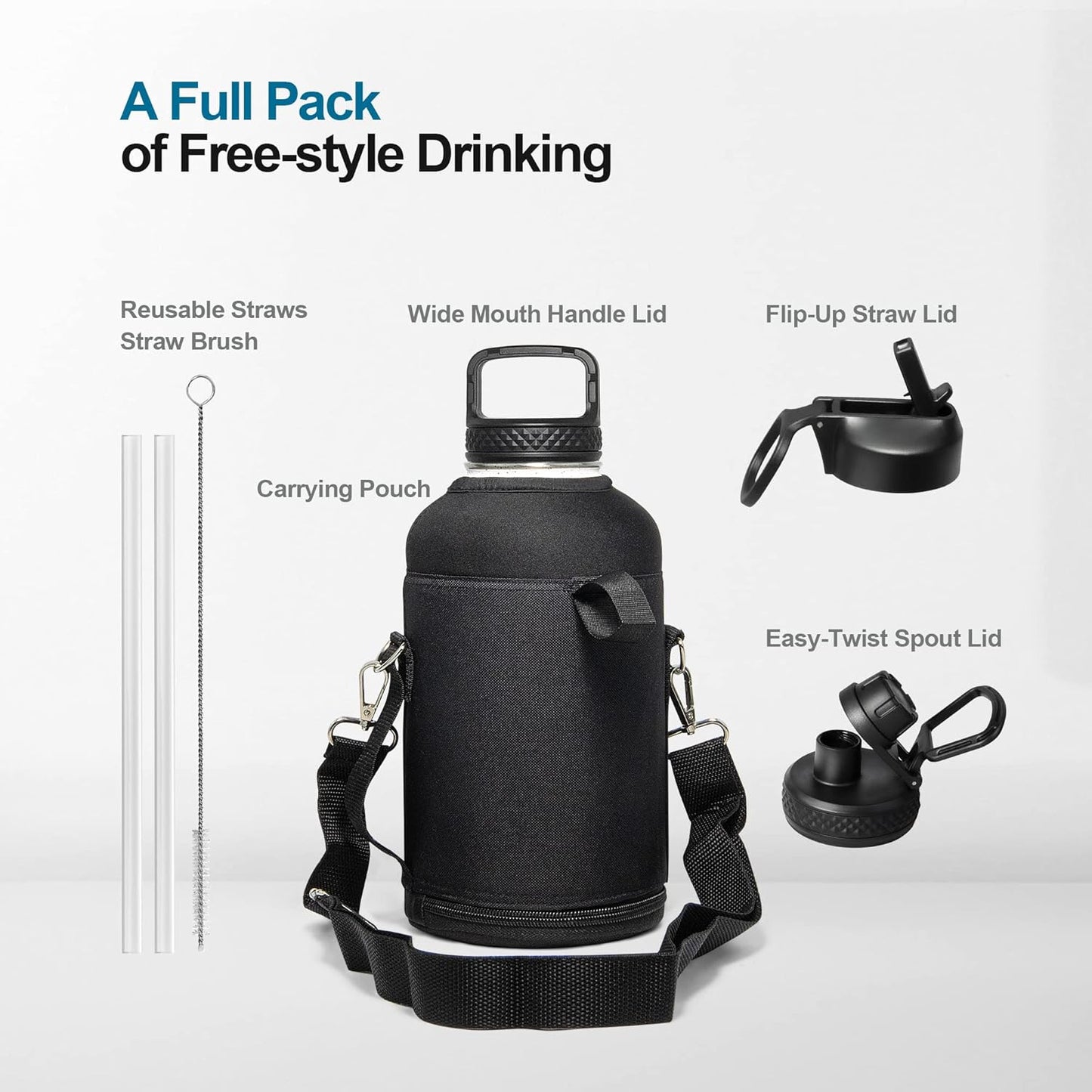 64 oz Water Bottle Insulated with Straw&3 Lids, Coolflask Half Gallon Water Jug Galaxy Large Metal Stainless Steel Vacuum Flask for Gym, Sports, Keep Cold 48H Hot 24H, Glacier Blue