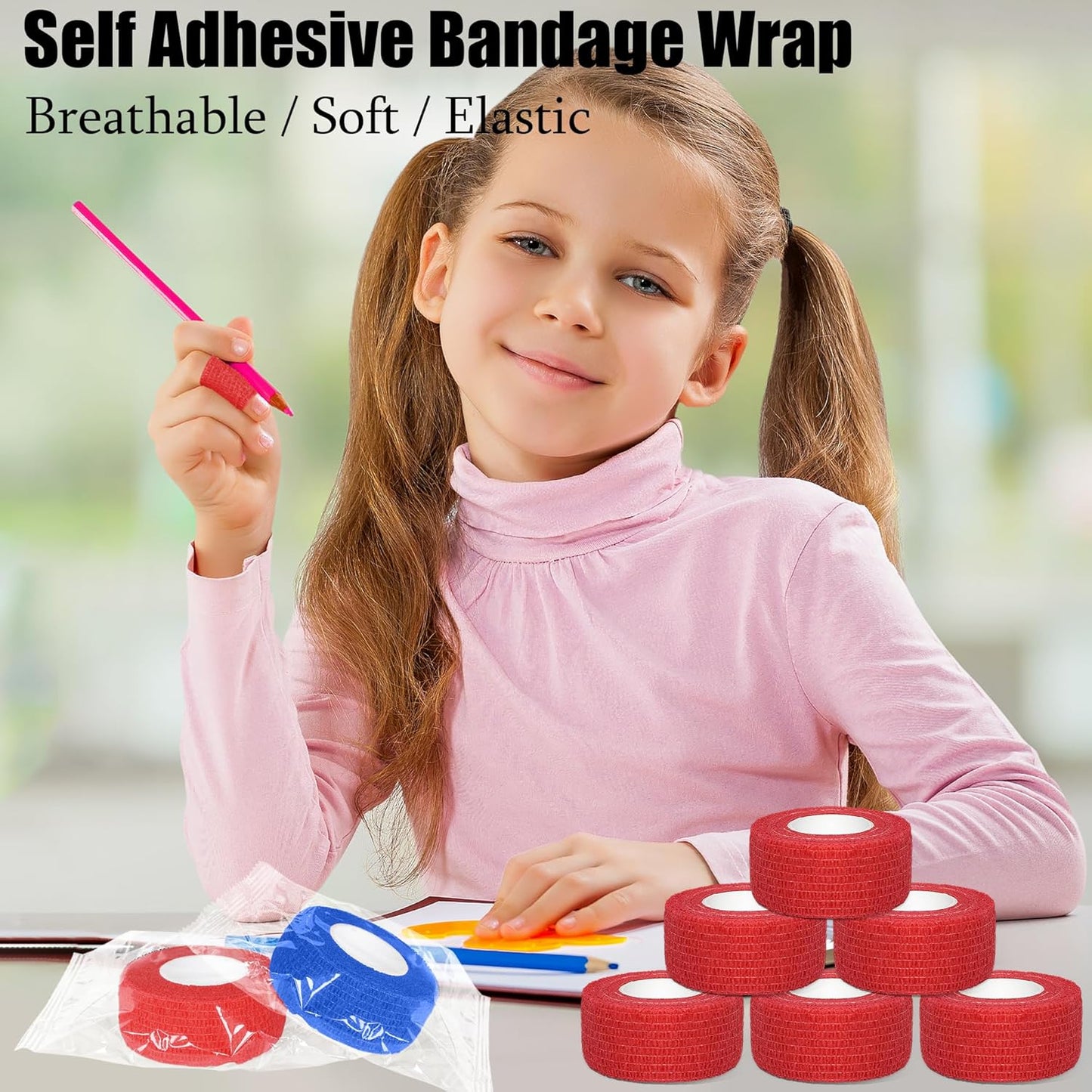 6 Pack 1 Inches Self Adhesive Bandage Wrap Breathable Cohesive Bandage Elastic Tape for Pets, Athletic, Sports, Wrist, Knee, Ankle(5 Yards Per Roll, Red)