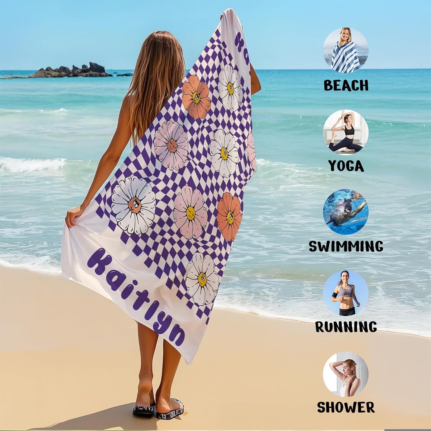 JML Personalized Beach Towel with Name, Custom Flower Beach Towel, Customized Microfiber Pool Towel, Quick Dry & Absorbent Swim Towel for Adult,Anniversary, Birthday, Summer Holiday,Vacation