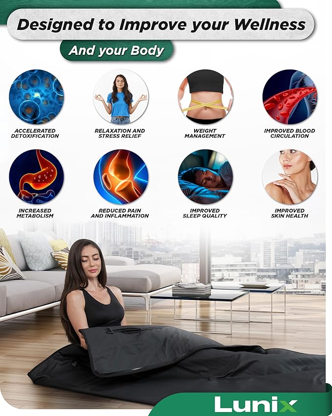 Lunix LX17 Infrared Sauna Blanket for Home, Portable Sauna for Detox, Pain Relief & Recovery, Adjustable 77–176°F Far Infrared Heat with Head Pillow, Detox Wrap & Hot Cold Gel Pack – Jet Black