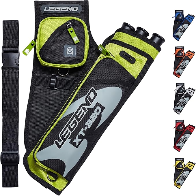 LEGEND XT320 Archery Quivers - Nylon Hip Quivers with 3 Arrow Tube Cases for Target Shooting - Adjustable Waist Belt, T-Slot, Storage Compartments for Accessories, Gear, Tools, Release Tab, Score Card