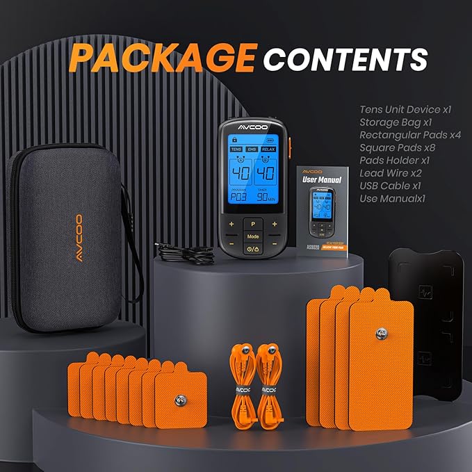 3-in-1 TENS Unit with 32 Modes, Dual Channel EMS Muscle Stimulator with 40 Intensities for Gradual Pain Relief Therapy, Rechargeable Electronic Pulse Massager with 12 Electrode Pads, EVA Case