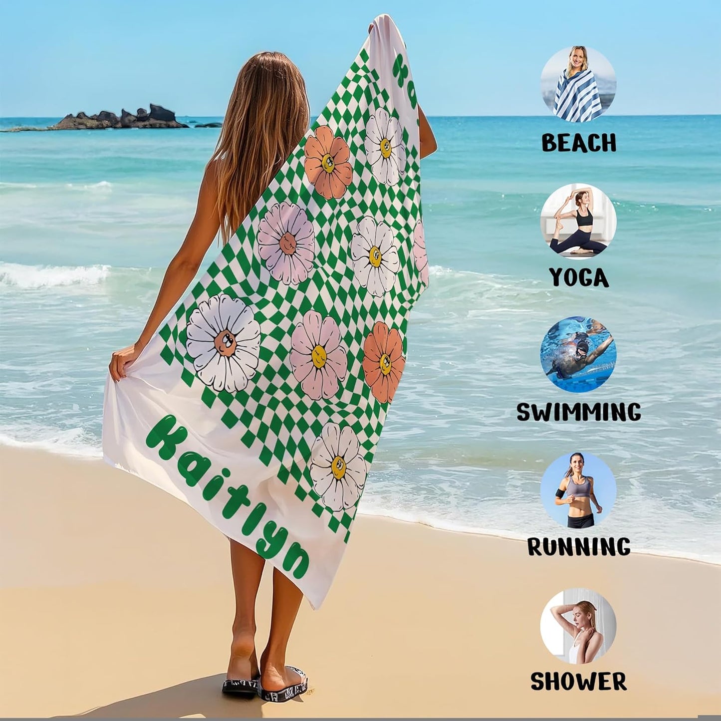 JML Personalized Beach Towel with Name, Custom Flower Beach Towel, Customized Microfiber Pool Towel, Quick Dry & Absorbent Swim Towel for Adult,Mother's Day, Birthday, Summer Holiday,Vacation