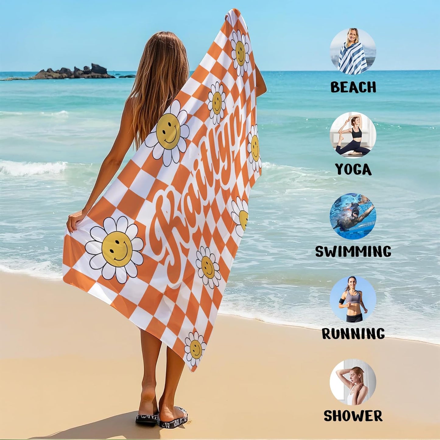 JML Personalized Beach Towel with Name, Custom Flower Beach Towel, Customized Microfiber Pool Towel, Quick Dry & Absorbent Swim Towel for Adult,Anniversary, Birthday, Summer Holiday,Vacation