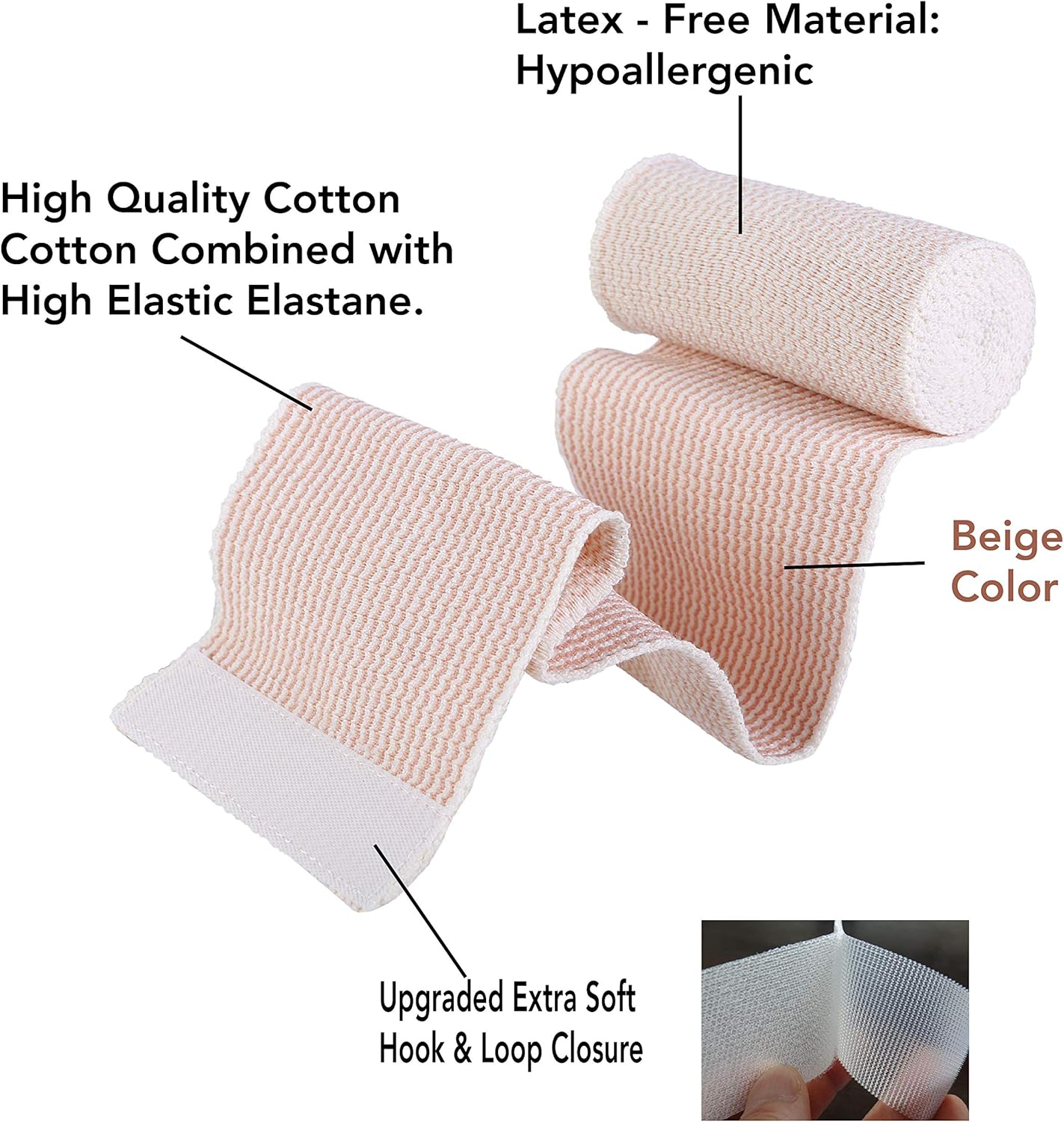 HOSPORA Latex-Free Compression Cotton Elastic Bandage, 2 Inch with Hook and Loop Closure(Pack of 5)