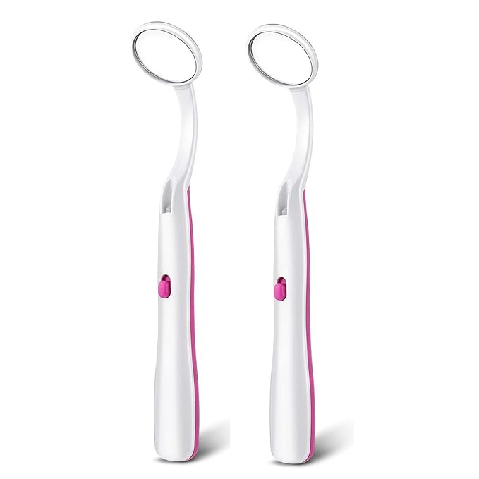 2 Pcs Dental Mirror with Light Tool LED Lighted Teeth Inspection Mirror Anti Fog Curve Angle Dentist Oral Care Tool (Red)